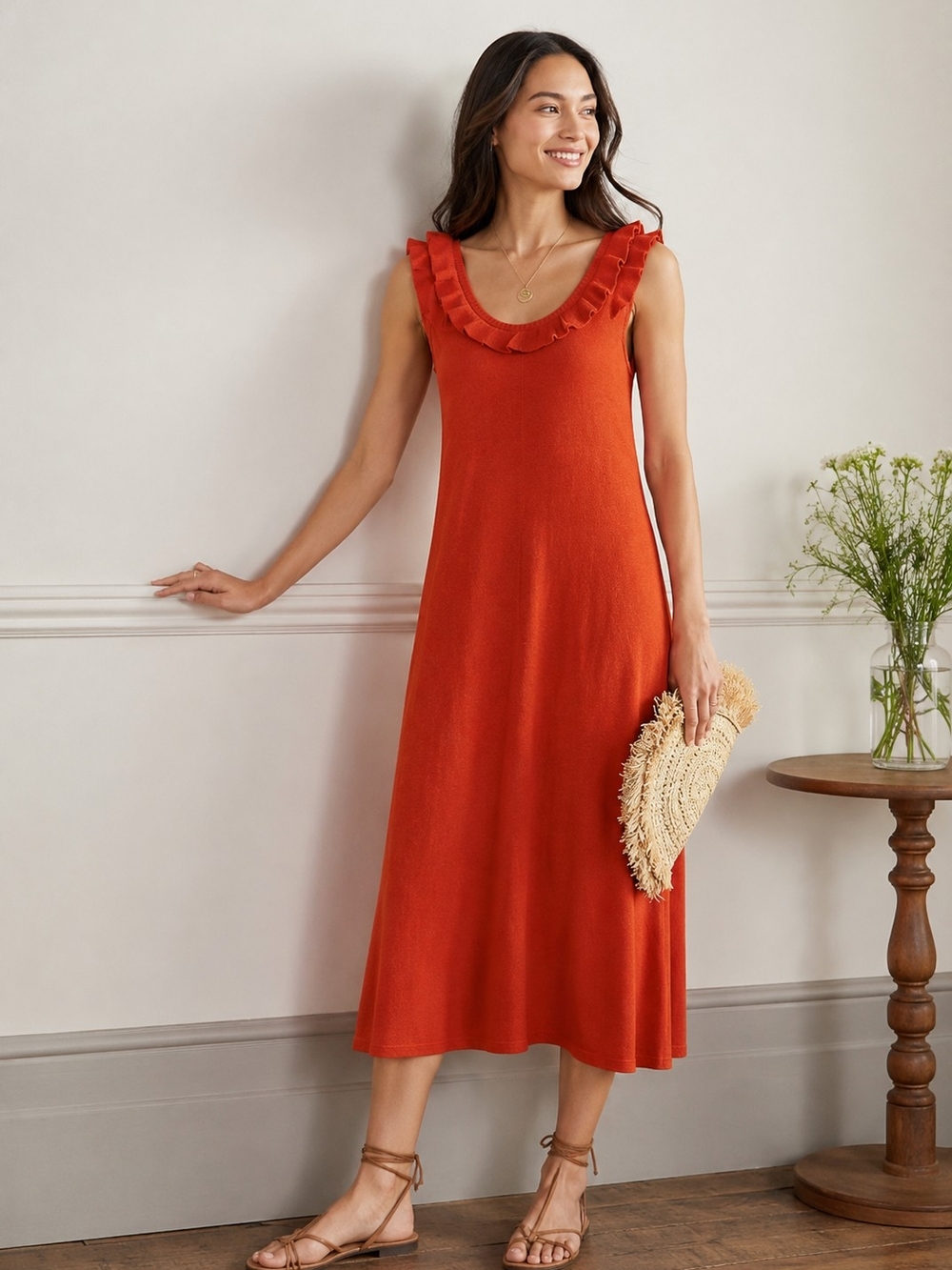 Boden Linen Blend Coastal Ruffle Neck Midi Dress Bright Poppy Orange UK 8 US 4